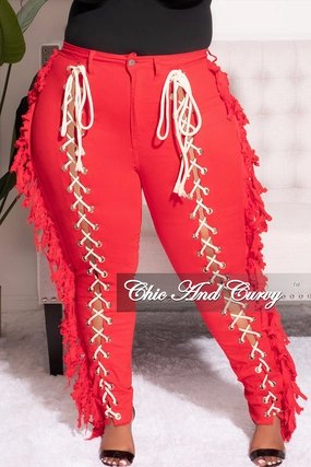 ripstop fabric Rugged Comfort Final Sale Plus Size Tassel with Taupe Lace Up Jeans in Red Denim