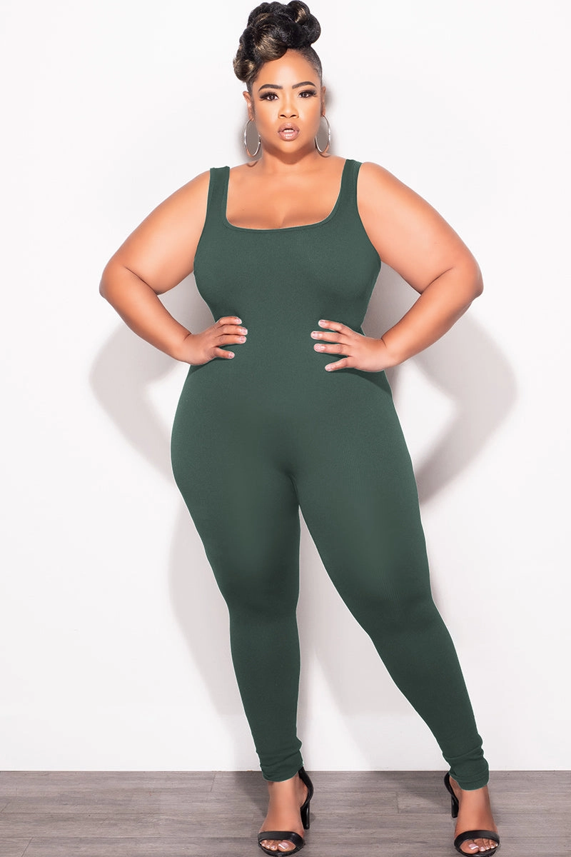 Ergonomic Cut Embroidered Detail Final Sale Plus Size Thick Ribbed Catsuit Unitard in Green