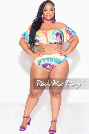Anti Snag Threading Moisture control Final Sale Plus Size Tie Dye Ruffle Bikini Set in Red /Purple Multi Tie Dye