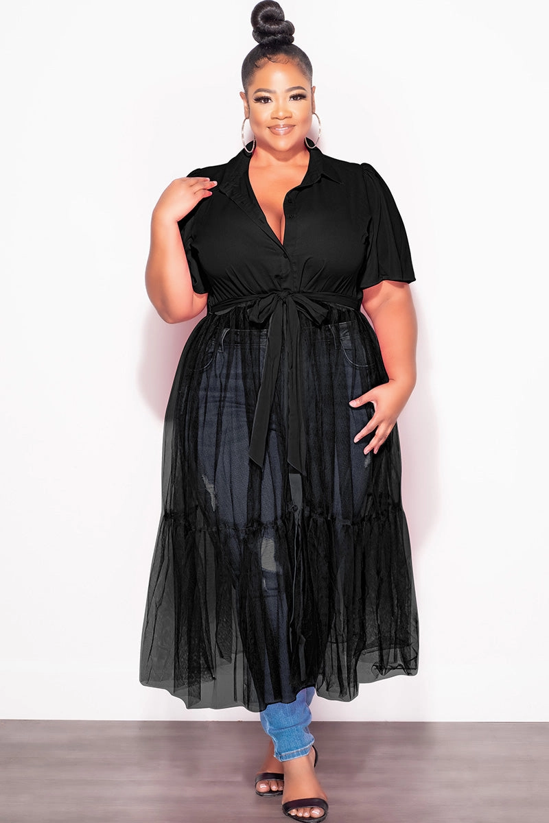Final Sale Plus Size Top with Sheer Detail in Black UVProtectionCoating Tailored Silhouette