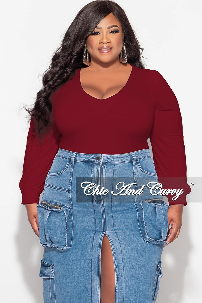 TaglessDesign Final Sale Plus Size V Neck Bodysuit in Burgundy