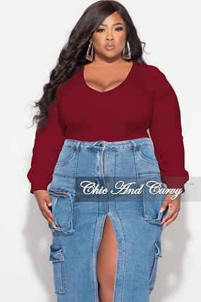 Final Sale Plus Size V Neck Bodysuit in Burgundy Secure fit