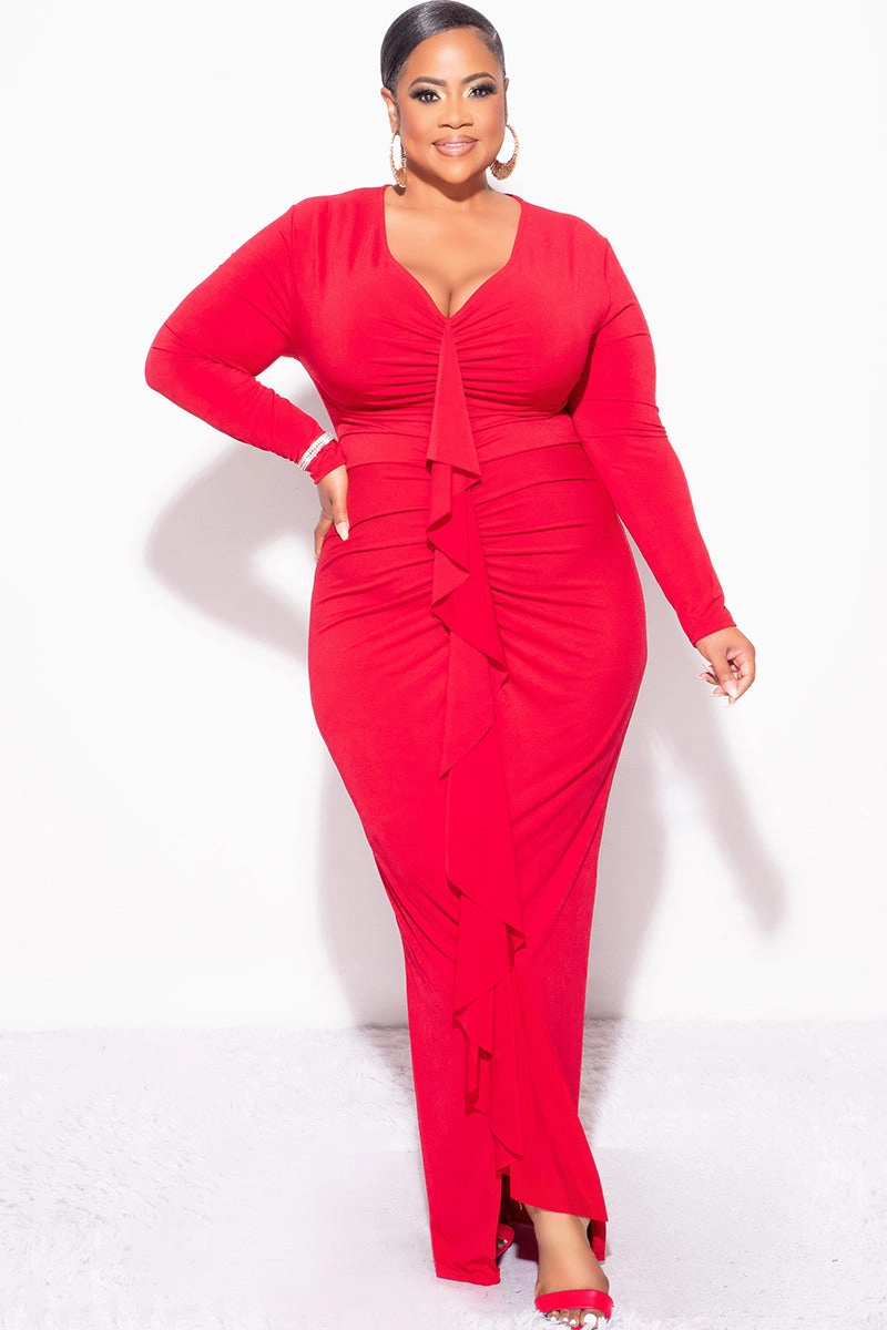 Final Sale Plus Size V-Neck Gown with Ruched Center & Ruffle in Red Sustainable Fabric Blend