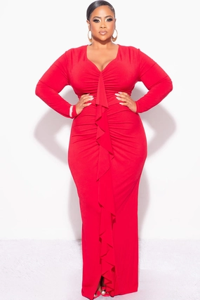 High Durability Material Final Sale Plus Size V-Neck Gown with Ruched Center & Ruffle in Red