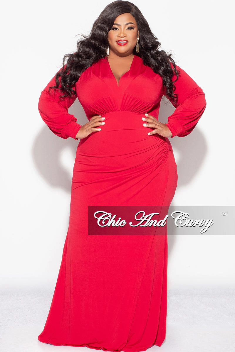 Raglan Sleeve Final Sale Plus Size V-Neck Gown with Ruched Overlay in Red