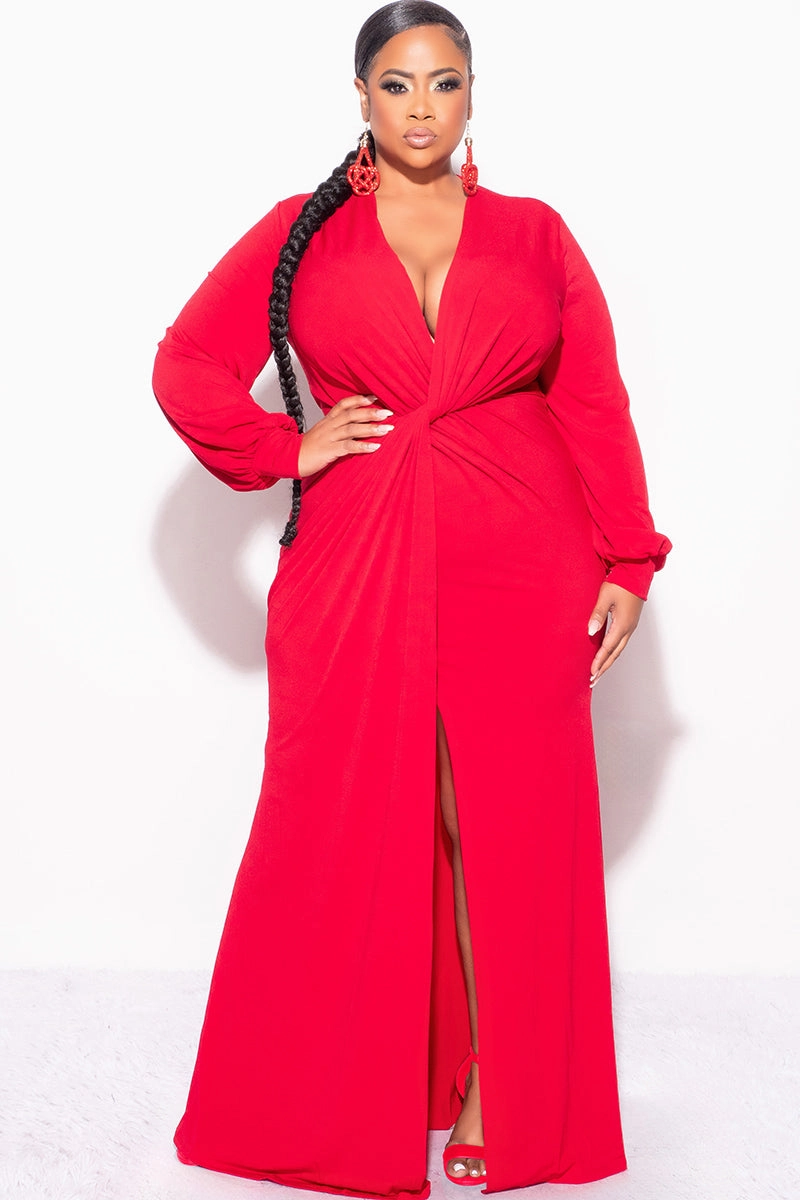 Final Sale Plus Size V-Neck Gown with Twist Front Waist in Red Stretch waistband Basic Tank
