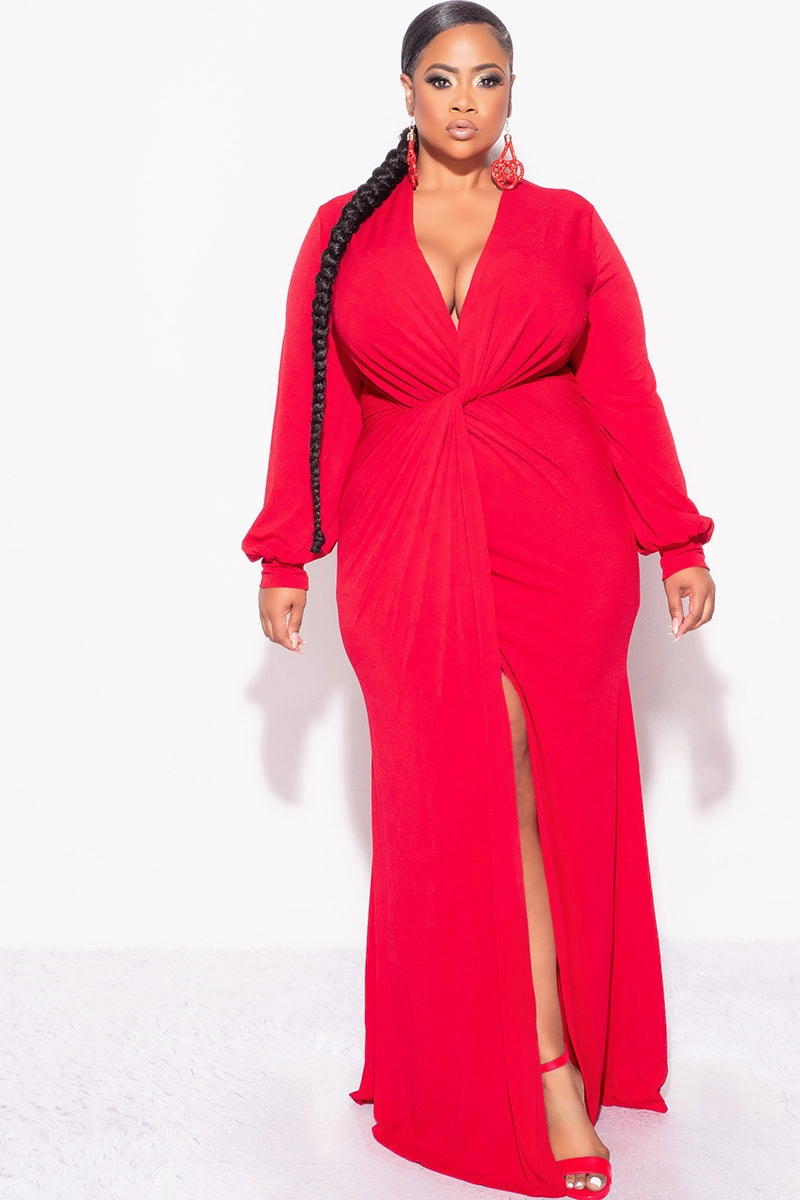 Final Sale Plus Size V-Neck Gown with Twist Front Waist in Red Minimalist Silhouette Cut