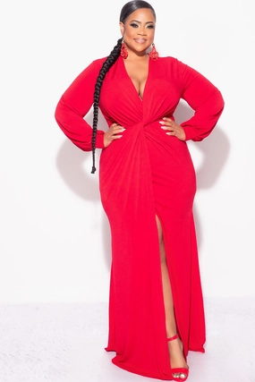 Flattering Drape Final Sale Plus Size V-Neck Gown with Twist Front Waist in Red
