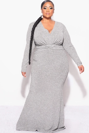 Final Sale Plus Size V-Neck Gown with Twisted Waist Band in Silver Foil Fabric RibbedTexture Breathable mesh lining