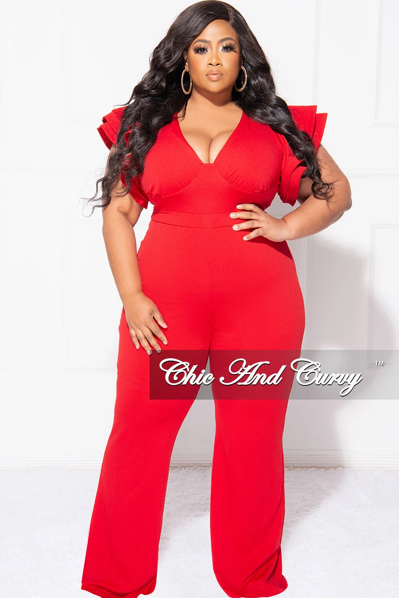 FlexibleCuff Bonded Hemline Final Sale Plus Size V-Neck Jumpsuit with Ruffle Sleeves in Red