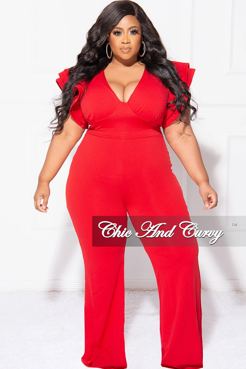 Thermal Regulating Fabric VentilatedMeshPaneling Final Sale Plus Size V-Neck Jumpsuit with Ruffle Sleeves in Red