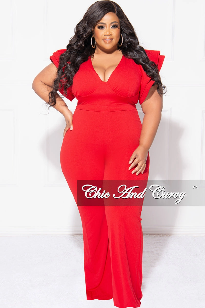 Final Sale Plus Size V-Neck Jumpsuit with Ruffle Sleeves in Red Minimalist Silhouette Cut Button Down Collar