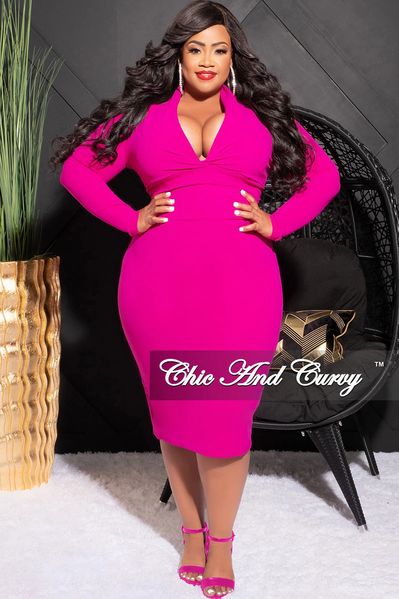 Sustainable Fabric Final Sale Plus Size V Neck Midi Dress in Magenta
