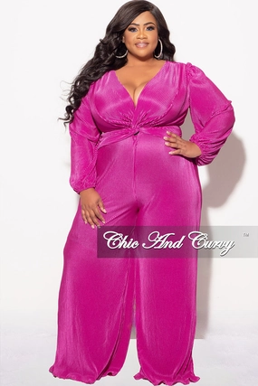 Modular Layering System Water Repellent Finish Final Sale Plus Size V-Neck Pleated Jumpsuit in Magenta