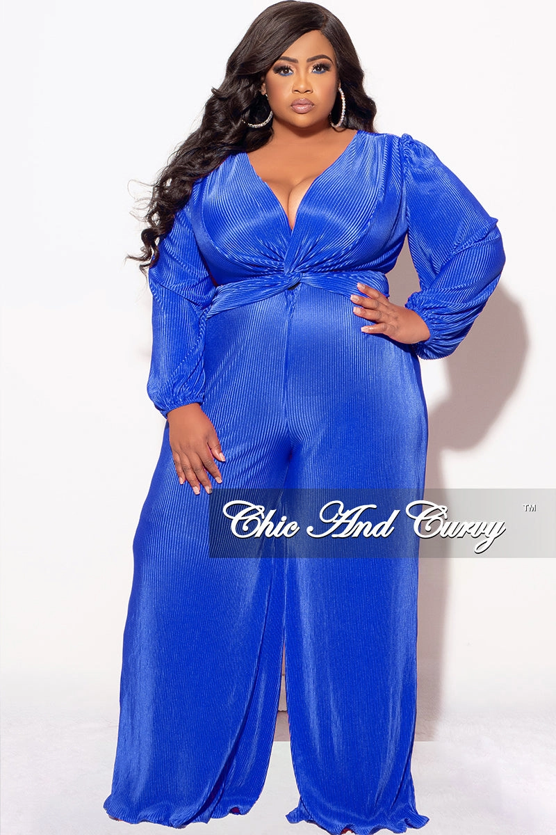 Final Sale Plus Size V-Neck Pleated Jumpsuit in Royal Blue Stylish T-shirt