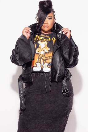 Core Style Tangle Free Cuffs Final Sale Plus Size Vegan Leather Bell Sleeve Jacket in Black