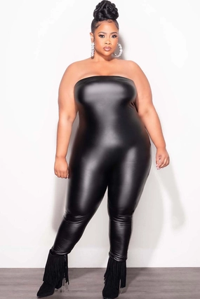 Final Sale Plus Size Vegan Leather Jumpsuit in Black Cold Weather Wear