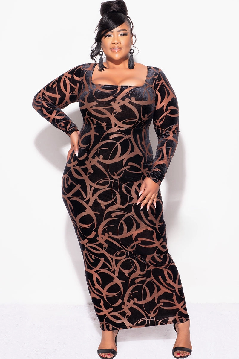 Belt loops Recycled Polyester Blend Final Sale Plus Size Velour Sheer Mesh Panel Dress in Brown and Black