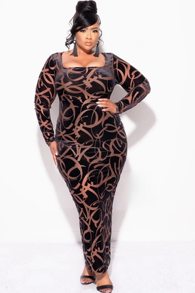 Unisex style FunctionalZipper Final Sale Plus Size Velour Sheer Mesh Panel Dress in Brown and Black