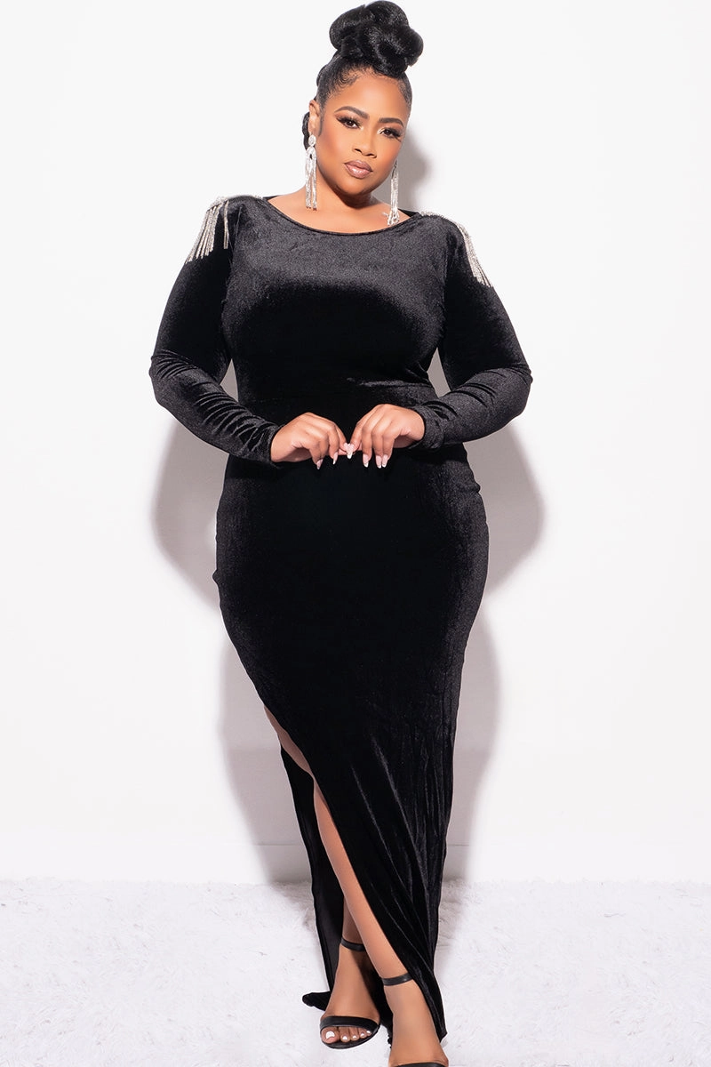 AntiStaticInnerLining Ribbed Collar Design Final Sale Plus Size Velvet Dress Gown with Fringe Rhinestone Shoulders and Side Slit in Black