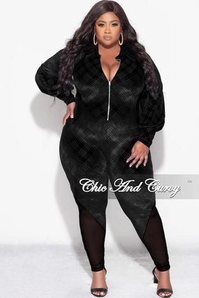 Final Sale Plus Size Velvet Mesh Contrast Zip-Up Jumpsuit in Black Flexible Performance Wear