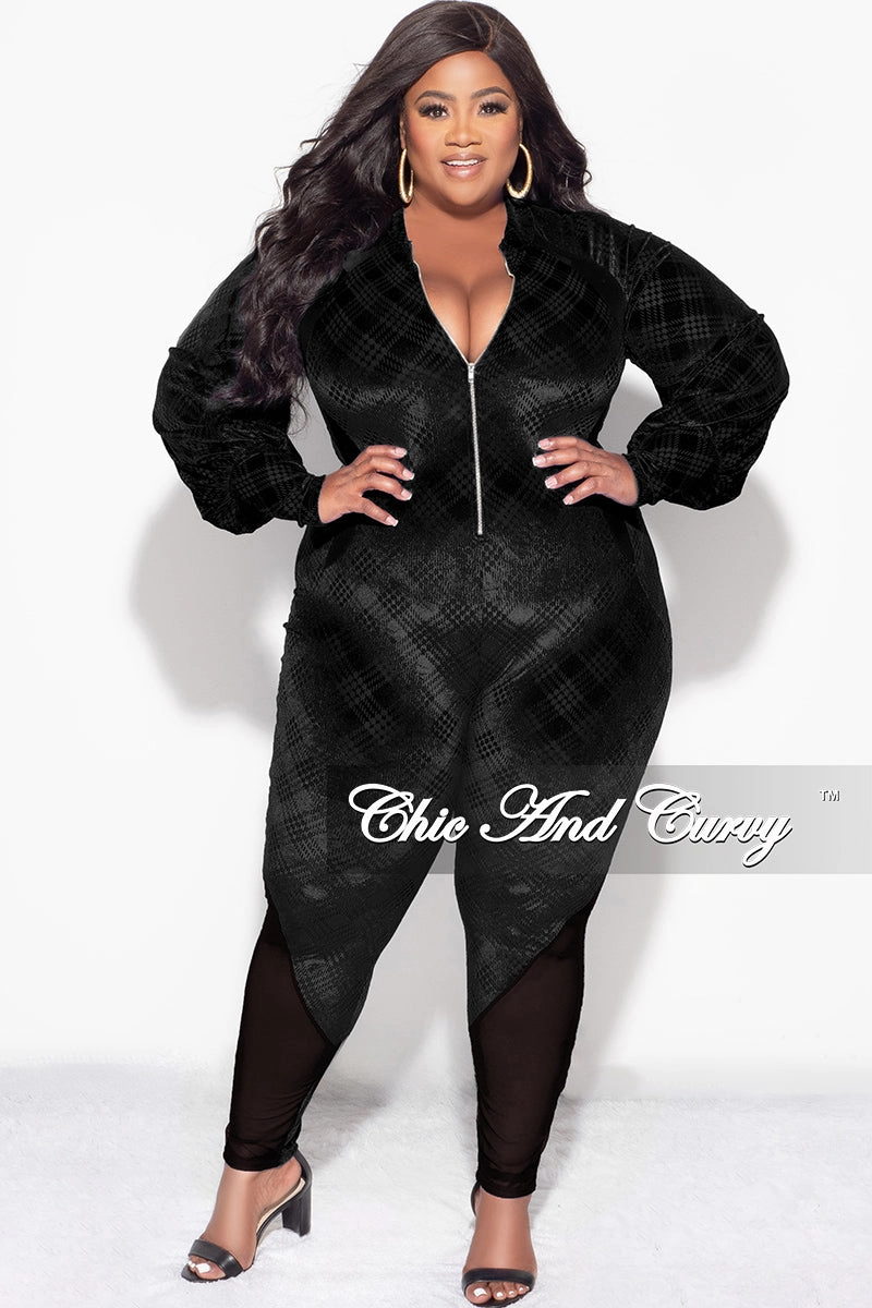 Moisture control Final Sale Plus Size Velvet Mesh Contrast Zip-Up Jumpsuit in Black