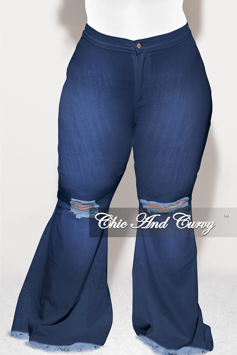 UV protection coating Tight Waist Final Sale Plus Size Wide Leg Denim Jeans with Distressed Knee in Dark Blue
