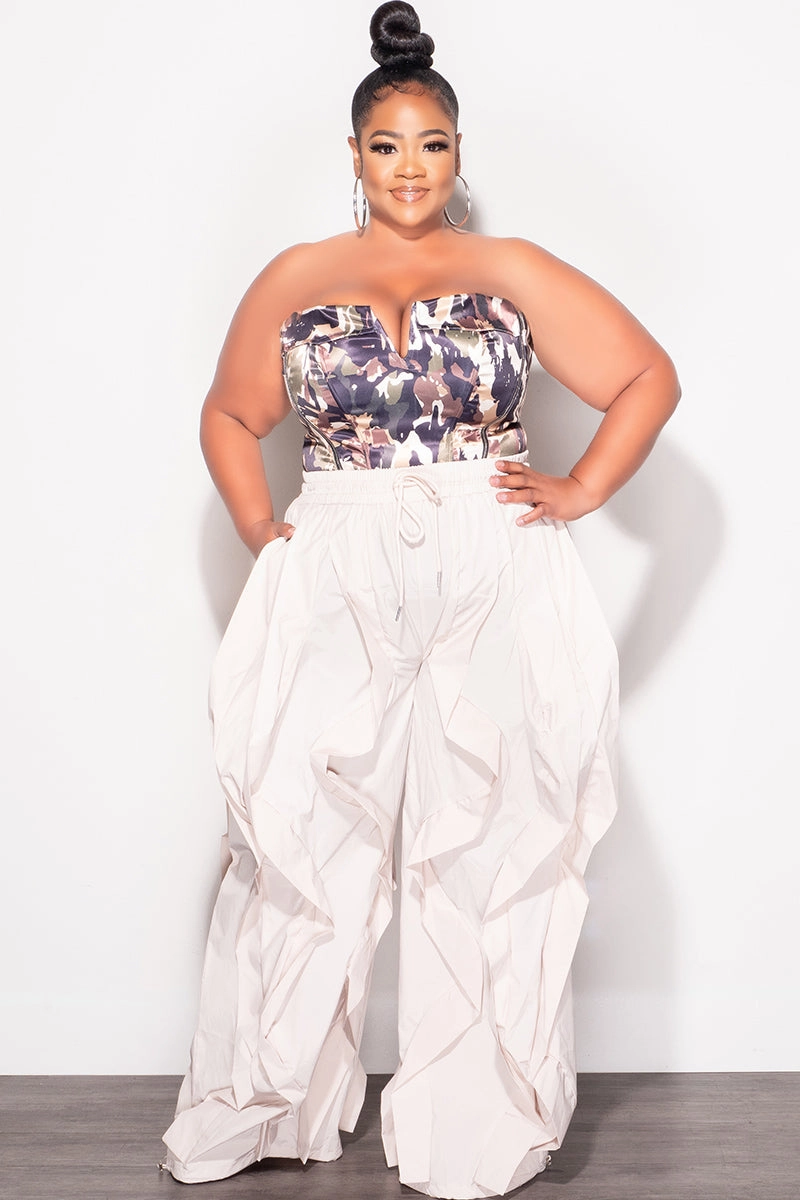 Final Sale Plus Size Wide Leg Drawstring Oversized Windbreaker Wavy Pants in Tan Quick Access Pockets Casual Performance Fit