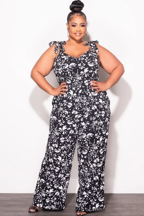 Final Sale Plus Sleeveless Jumpsuit with Tie Straps in Black and White Floral Print HighDensityWeave Comfort Control