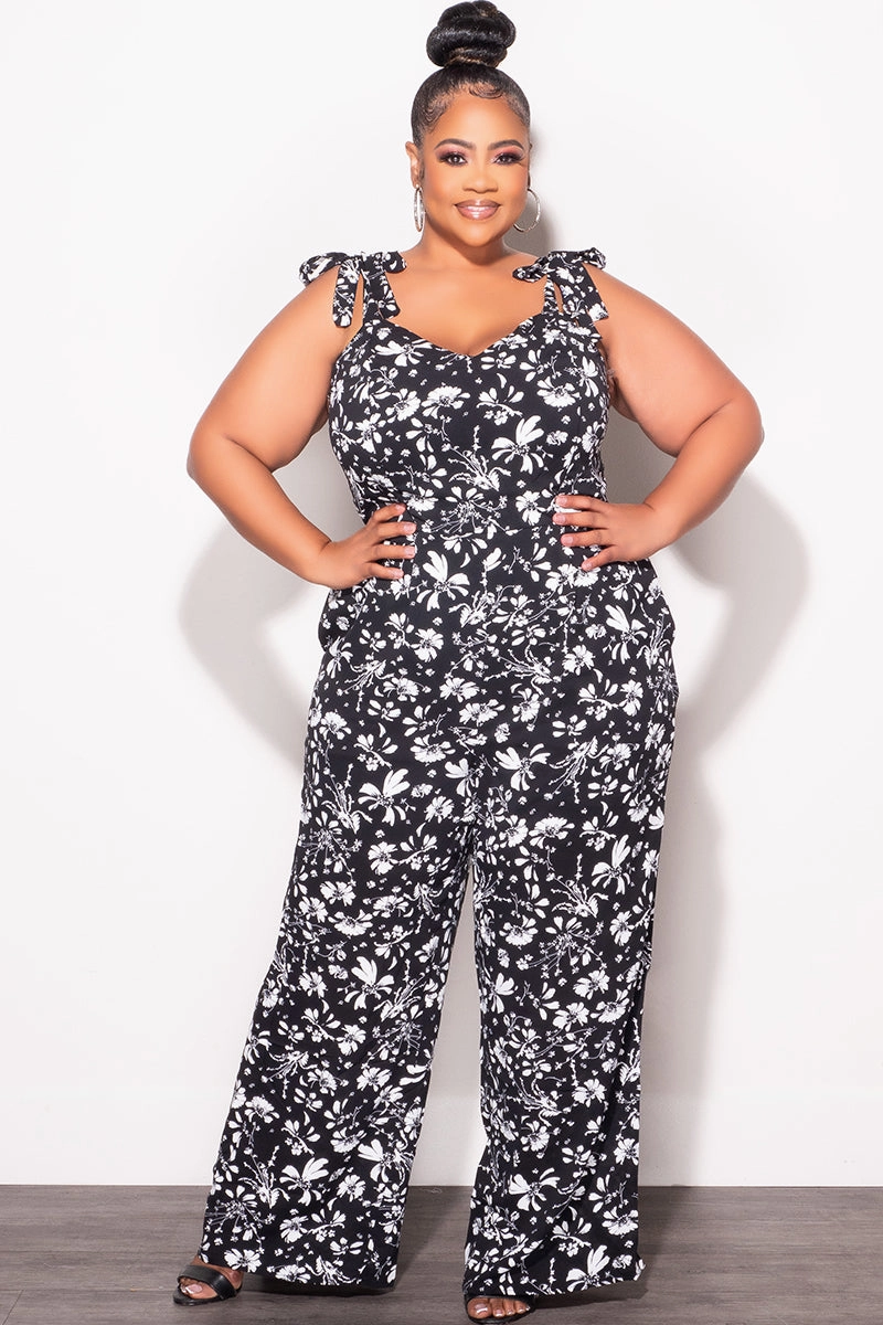 Final Sale Plus Sleeveless Jumpsuit with Tie Straps in Black and White Floral Print HighDensityWeave Comfort Control