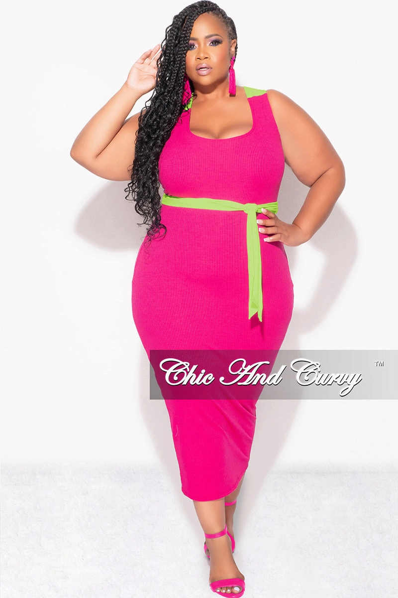 NoiseReducingFabric Final Sale Plus Sleeveless Ribbed Midi BodyCon Dress with Criss Cross Back in Fuchsia and Neon Green