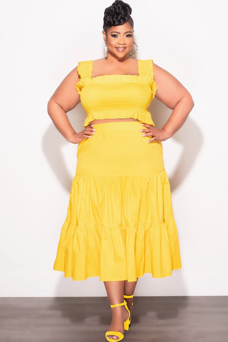 Wrinkle Free Fabric Final Sale Size 2pc Frill Crop Top and Maxi Skirt Set in Yellow