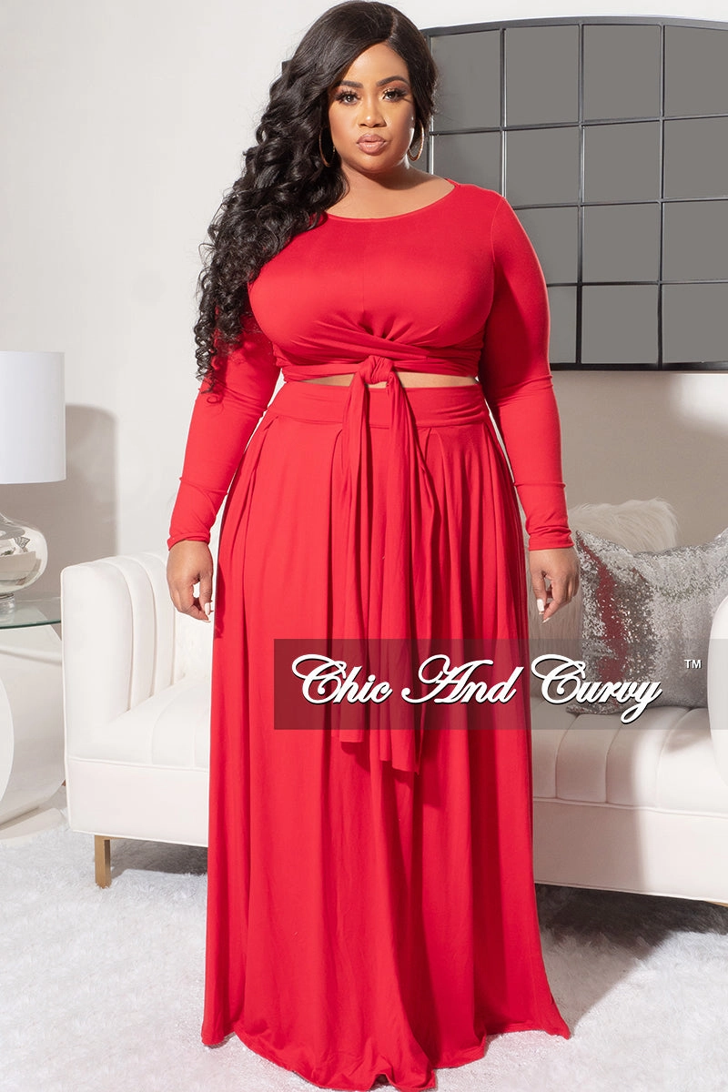 Final Sale Size 2pc Long Sleeve Tie Top Maxi Skirt Set in Red by Smart Look Quick Dry Wear