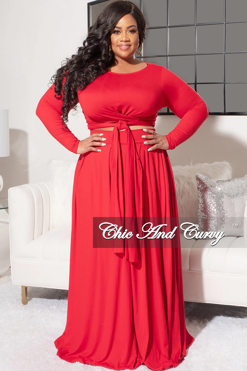 Final Sale Size 2pc Long Sleeve Tie Top Maxi Skirt Set in Red by Casual Wear