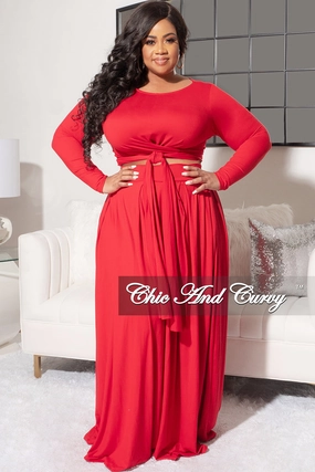 Corduroy texture Utility pocket Final Sale Size 2pc Long Sleeve Tie Top Maxi Skirt Set in Red by