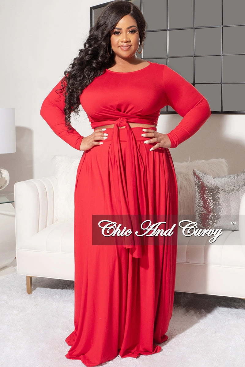 Corduroy texture Utility pocket Final Sale Size 2pc Long Sleeve Tie Top Maxi Skirt Set in Red by