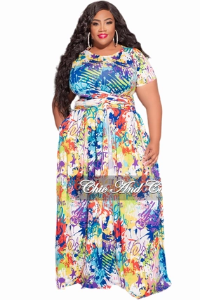 Stretchable Comfort HypoallergenicFabric Final Sale Size 2pc Tie Top Maxi Skirt Set in Multi-Color Graffiti Print