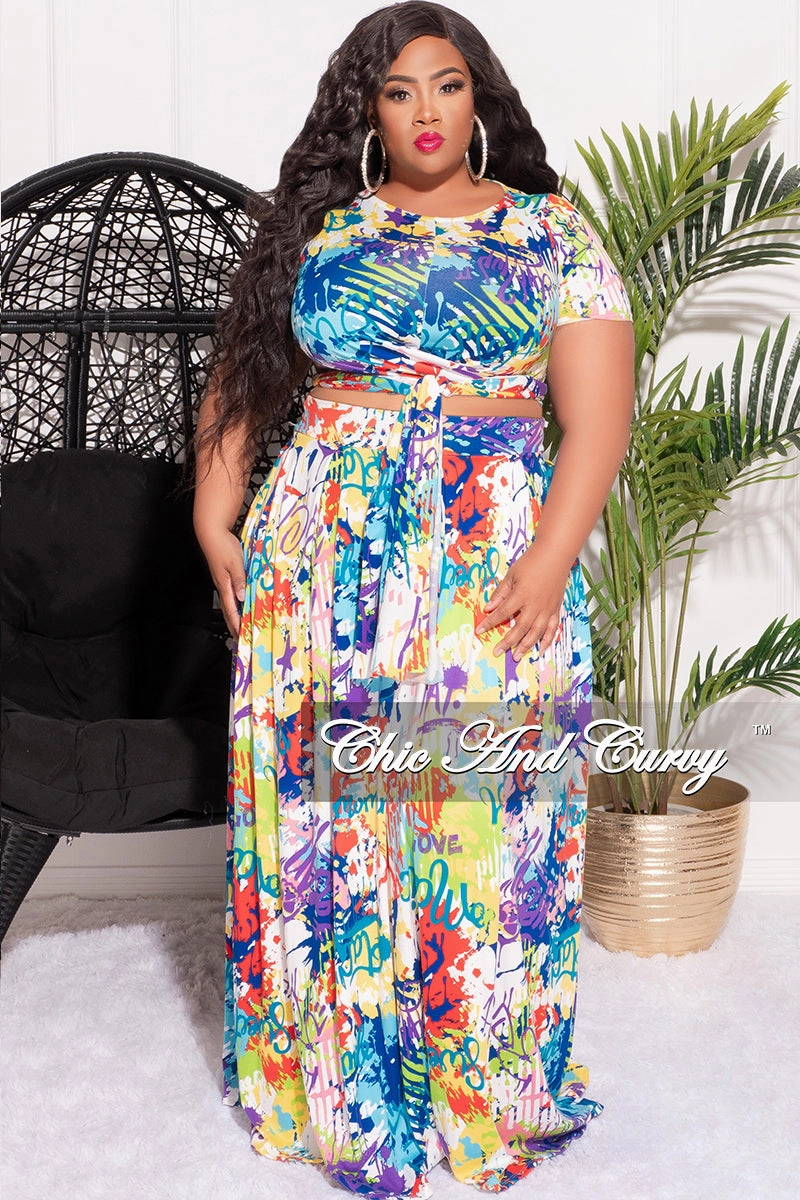 Durable Seam Construction Travel Friendly Final Sale Size 2pc Tie Top Maxi Skirt Set in Multi-Color Graffiti Print