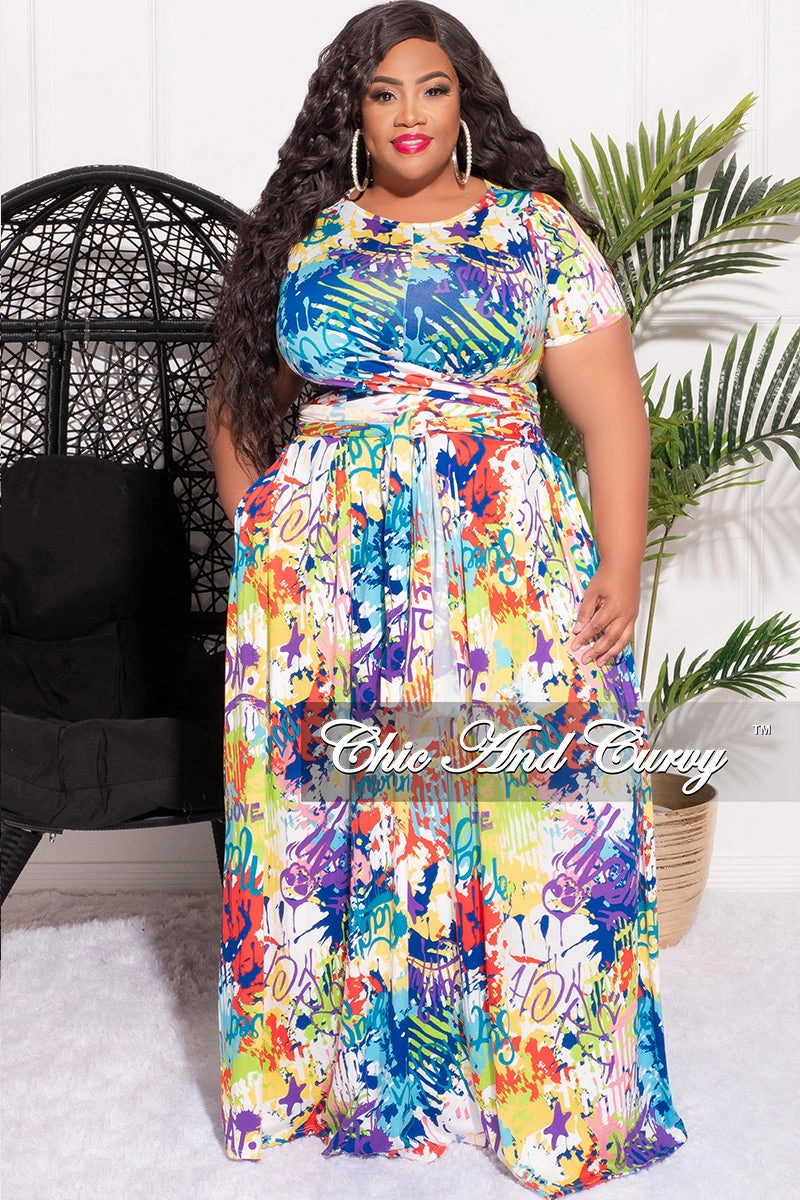 Final Sale Size 2pc Tie Top Maxi Skirt Set in Multi-Color Graffiti Print Cozy Style soft fit