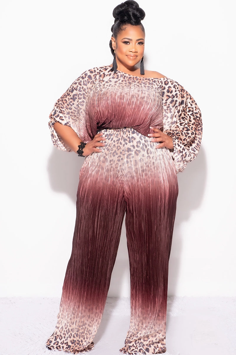Final Size 2pc Pleated Off the Shoulder ColorBlock Top and Pants Set in Animal Print and Brown OdorResistantFinish