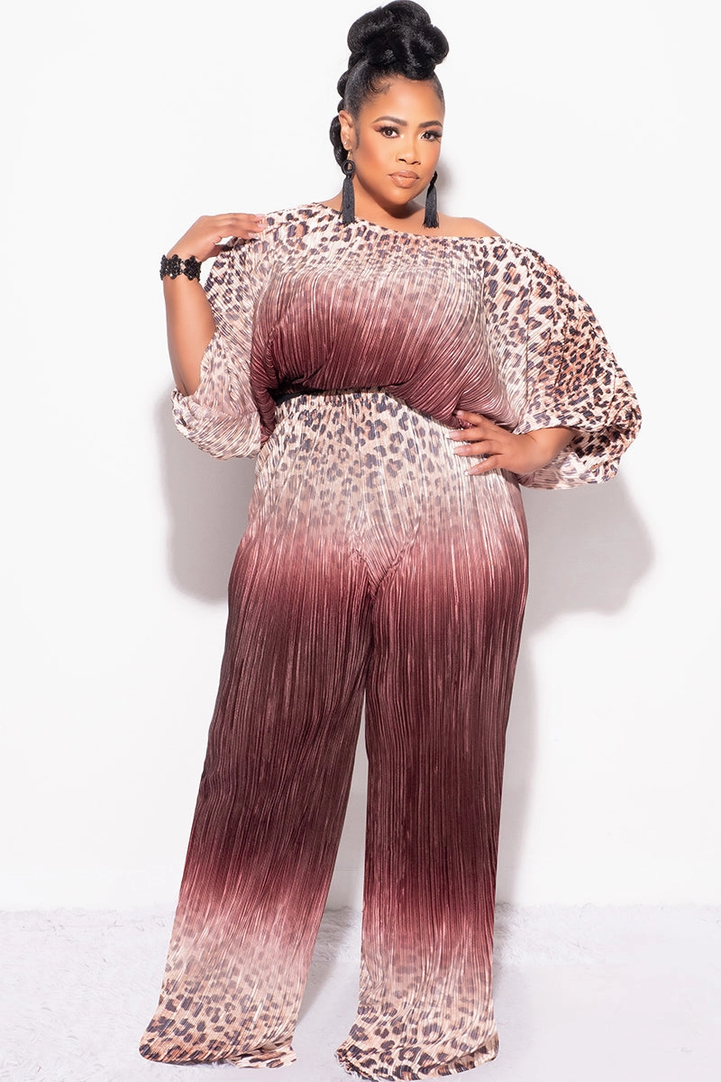 Final Size 2pc Pleated Off the Shoulder ColorBlock Top and Pants Set in Animal Print and Brown Belt loops
