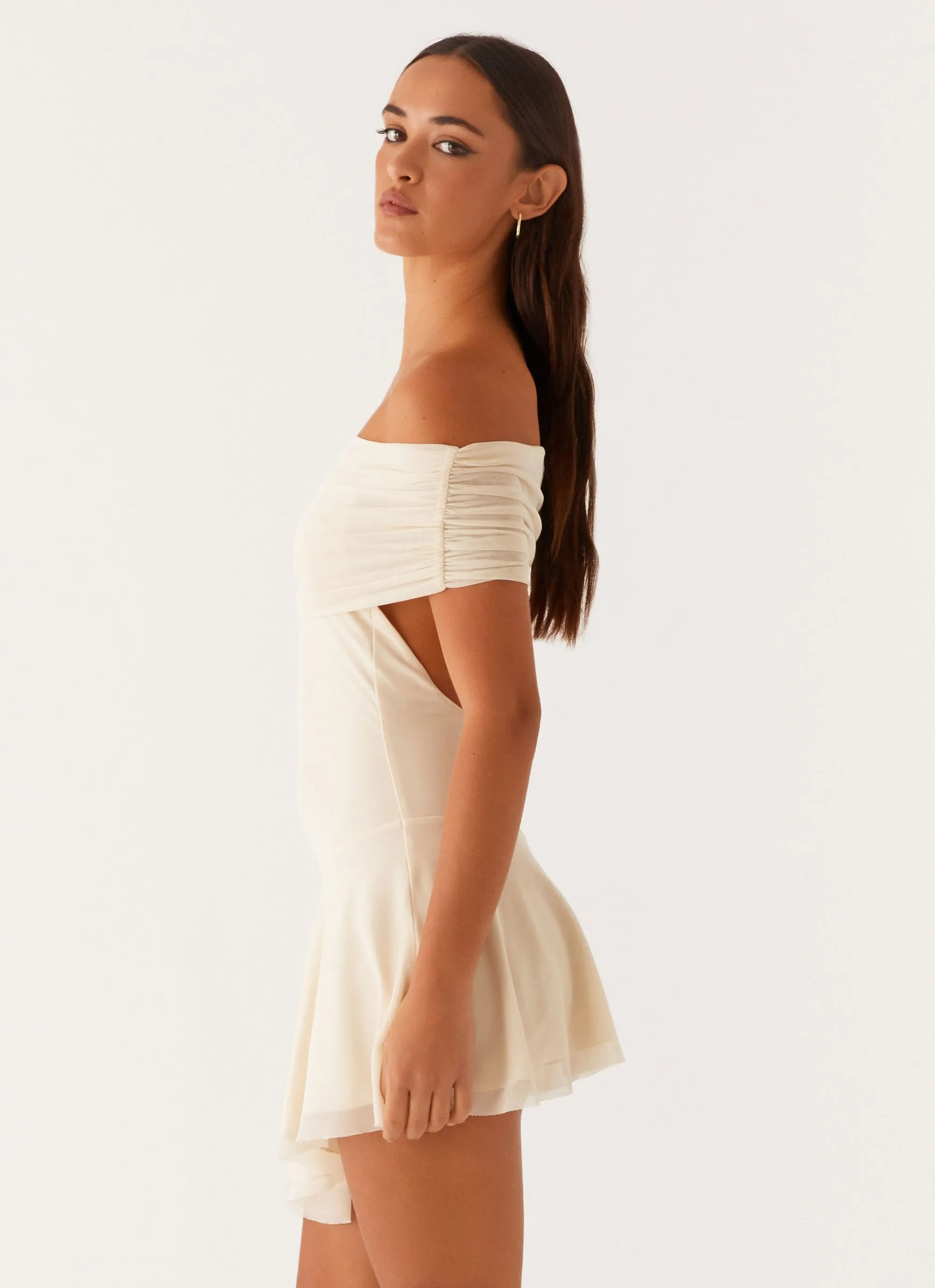 Finola Off Shoulder Mini Dress - Pastel Yellow Polished Look Feminine Mood