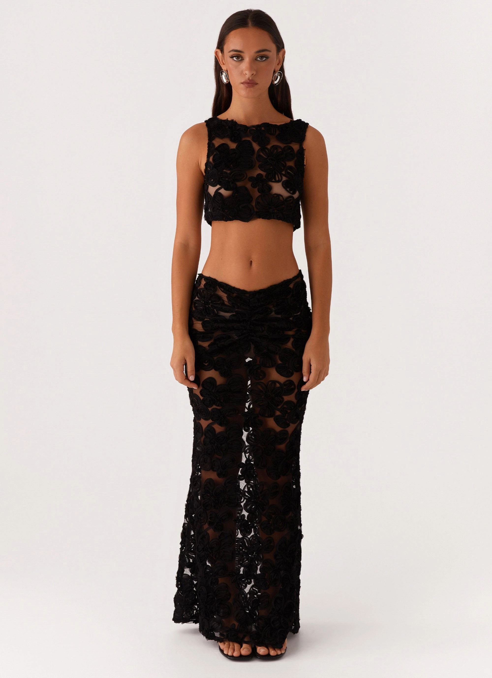 Low Profile Stretch waistband Fiorella Floret Maxi Skirt - Black