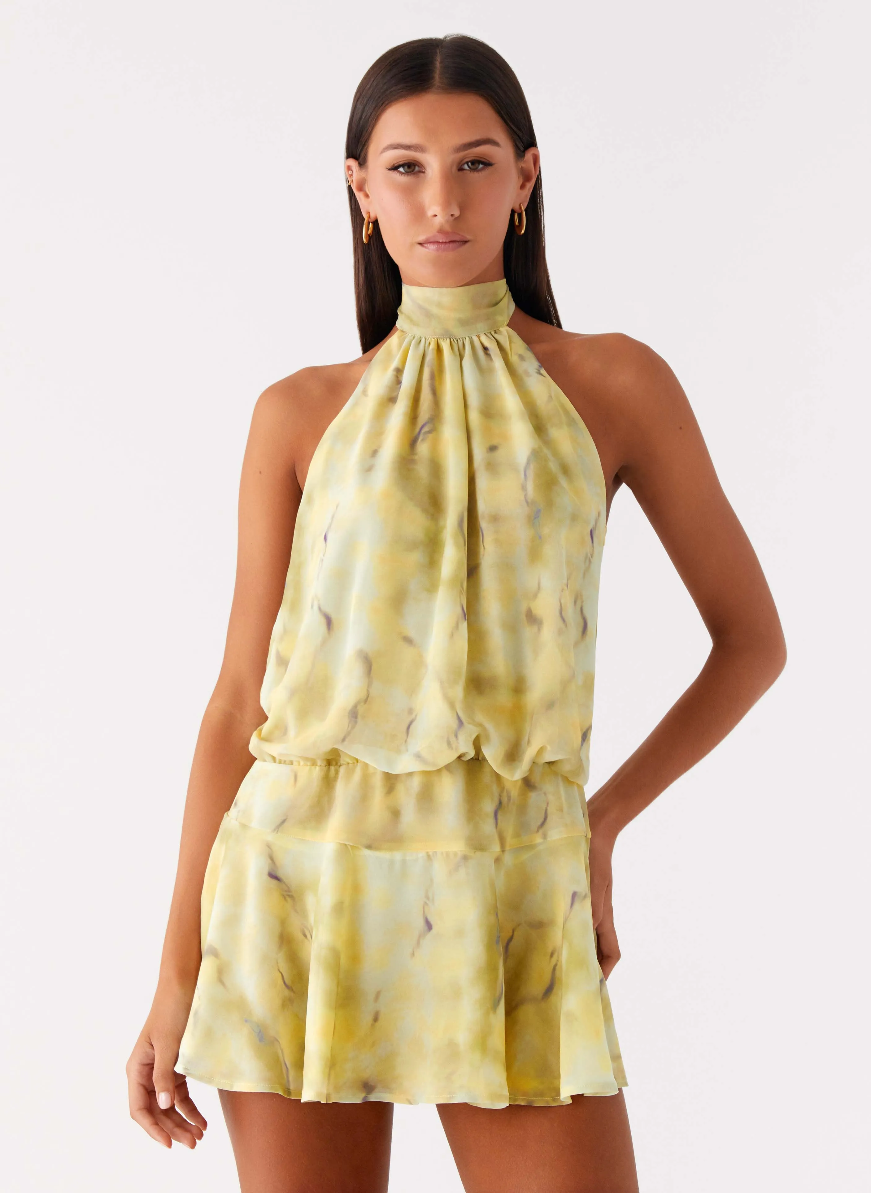 Go To Wear First Date Halter Mini Dress - Yellow Tie Dye