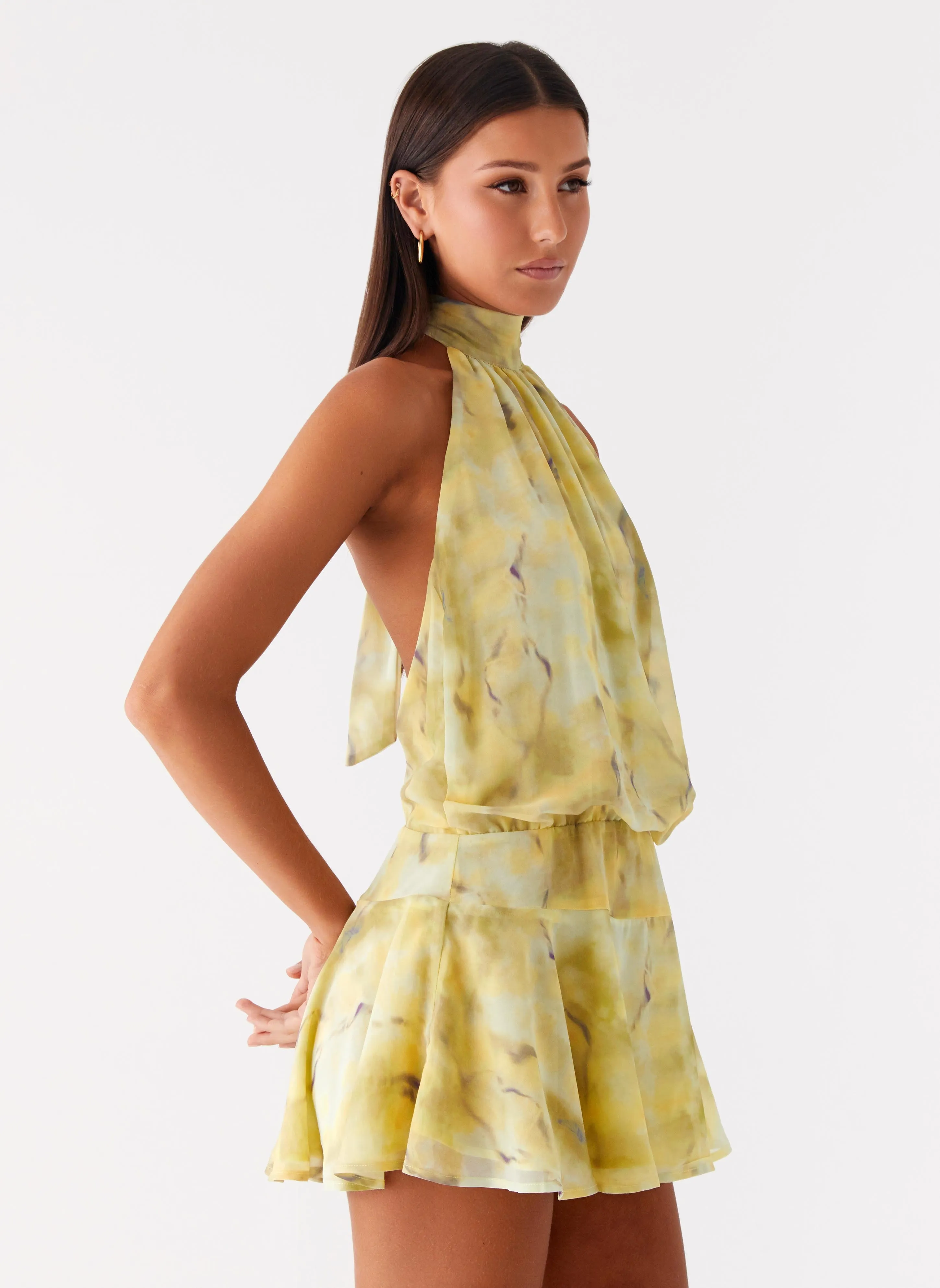 First Date Halter Mini Dress - Yellow Tie Dye Care-Instructions-Included Shiny-Lining