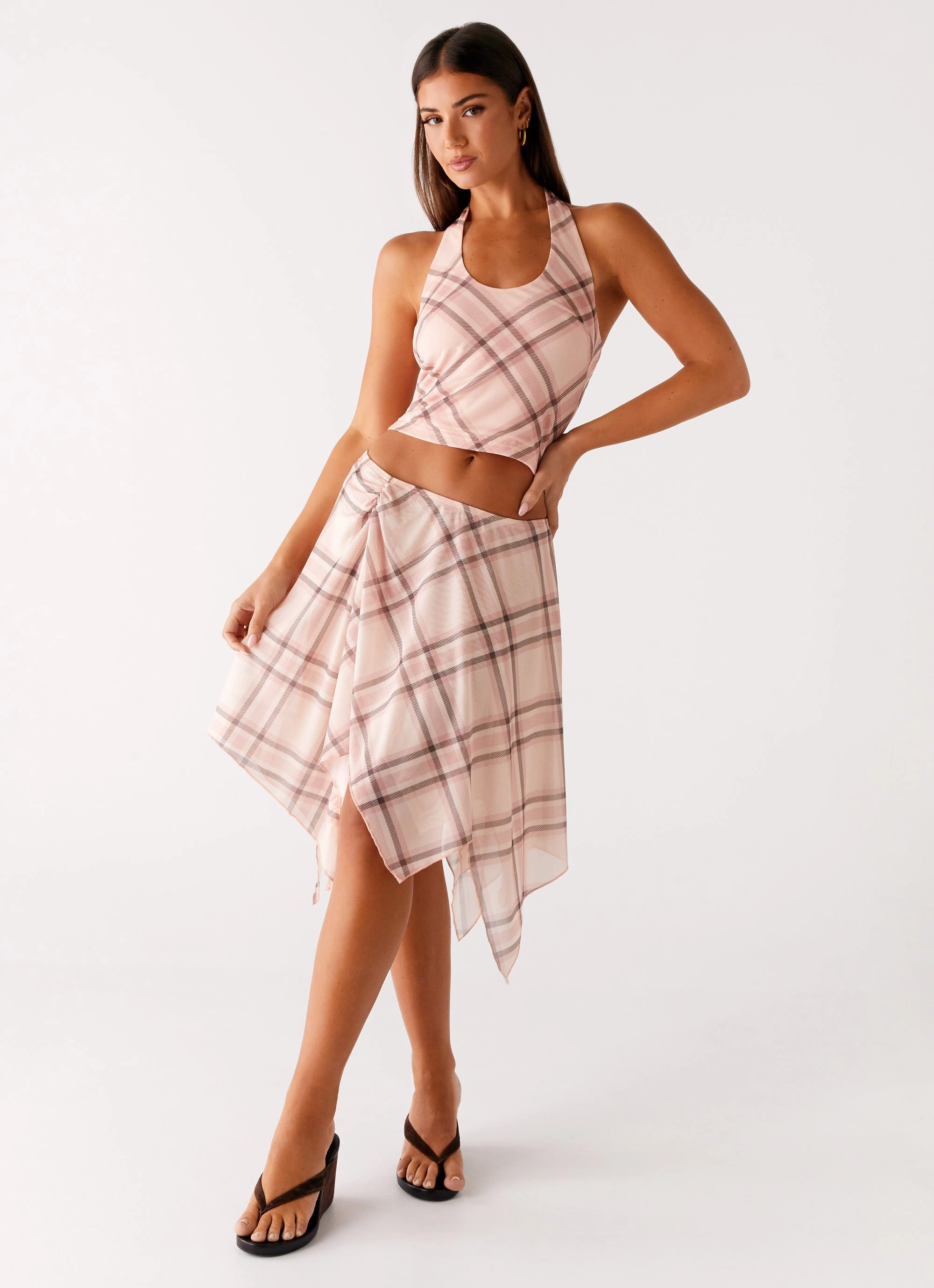 Fit Check Midi Skirt - Pink Check Adjustable Belt Loops Double Layered Hem