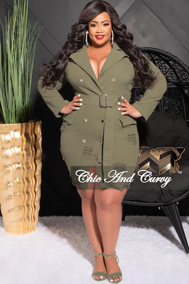 Minimal Design Final Sale Plus Size Collar Button Up Distress Denim Dress in Olive