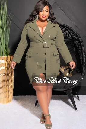 Final Sale Plus Size Collar Button Up Distress Denim Dress in Olive Dynamic Flex Panels Core Support