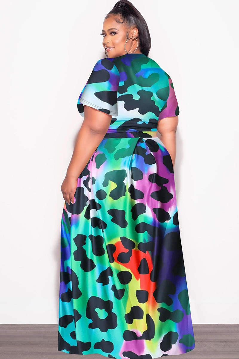 Final Sale Plus Size 2pc (Faux Wrap Crop Tie Top & Skirt) Set in Multi Color Animal Print Urban Fit