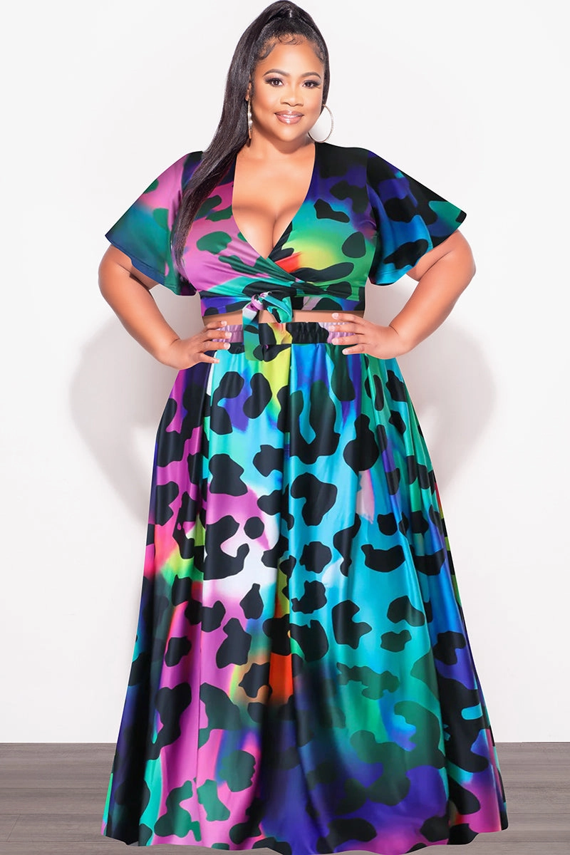 Final Sale Plus Size 2pc (Faux Wrap Crop Tie Top & Skirt) Set in Multi Color Animal Print Quick Comfort Work Flex